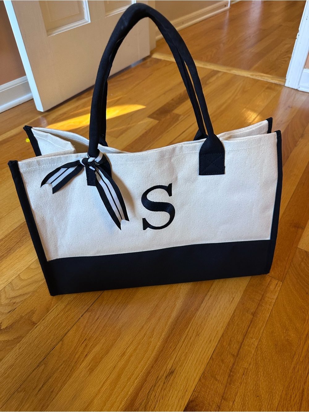 Canvas Tote Bag with 'S' Monogram - Black and White